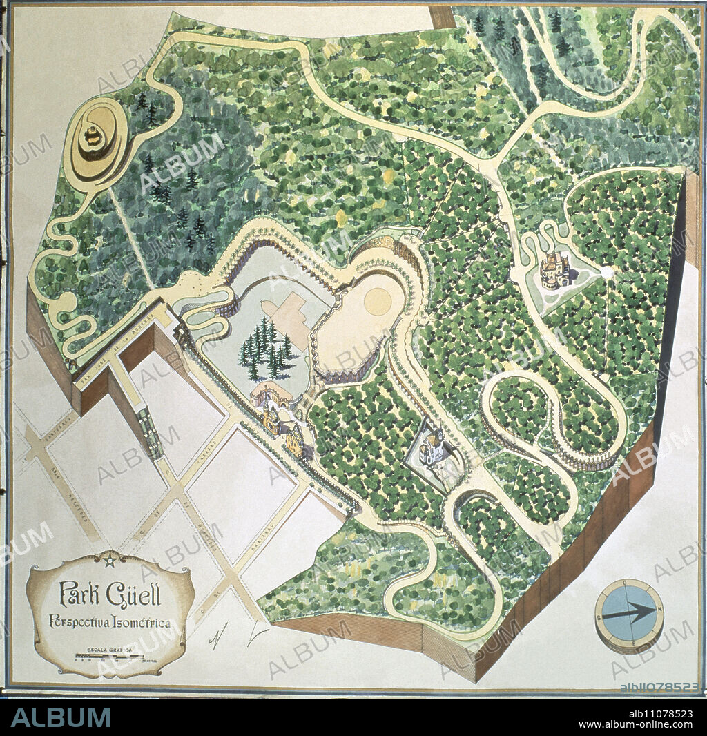 ANTONI GAUDÍ. PLANO DEL PARQUE GUELL - PERSPECTIVA ISOMETRICA - SIGLO XX.