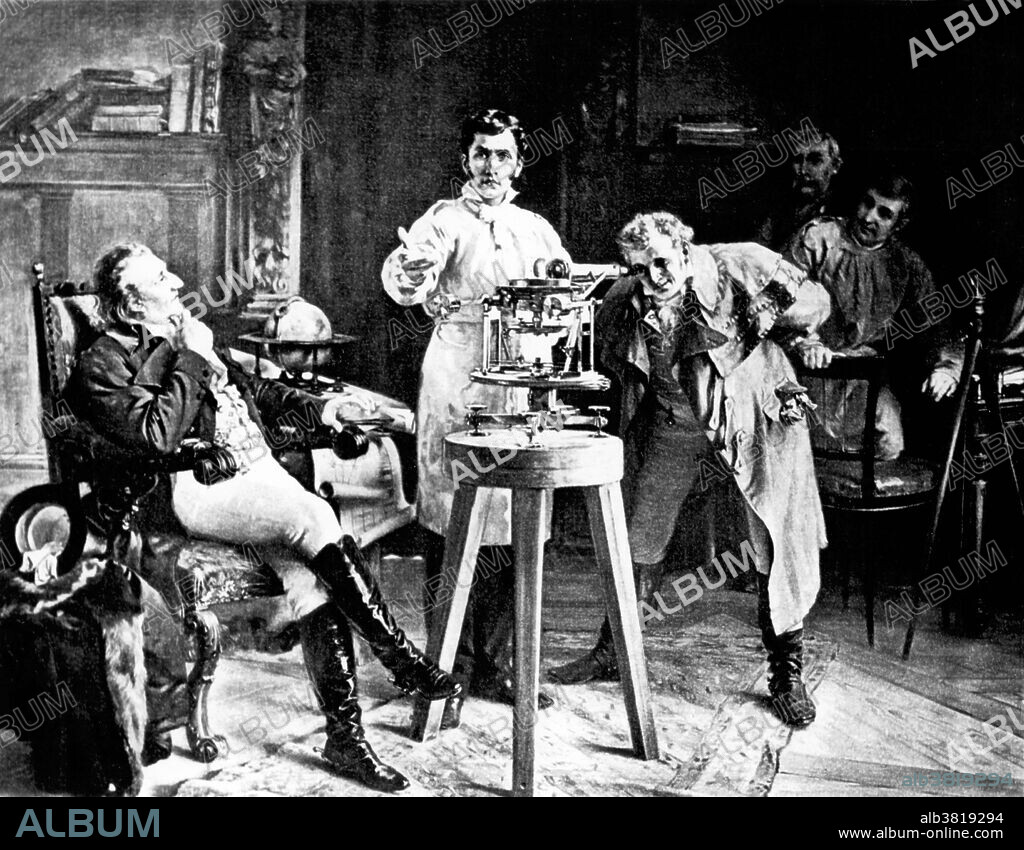 Fraunhofer demonstrating his invention, the spectroscope. Joseph Ritter von Fraunhofer (March 6, 1787 - June 7, 1826) was a German physicist. One of the most difficult operations of practical optics was to polish the spherical surfaces of large object glasses accurately. Fraunhofer invented a machine which rendered the surface more accurately than traditional grinding. in 1814, he invented the spectroscope. In the course of his experiments he discovered the bright fixed line which appears in the orange color of the spectrum when it is produced by the light of fire. This line enabled him afterward to determine the absolute power of refraction in different substances. Experiments to ascertain whether the solar spectrum contained the same bright line in the orange as that produced by the light of fire led him to the discovery of 574 dark fixed lines in the solar spectrum. These lines are called Fraunhofer lines in his honor. Like many glassmakers of his era who were poisoned by heavy metal vapors, Fraunhofer died young, in 1826 at the age of 39. His most valuable glassmaking recipes are thought to have gone to the grave with him. Photogravure from a painting by Richard Wimmer.