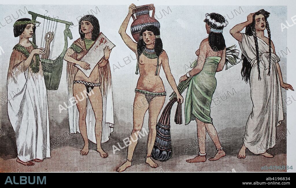Clothing in ancient Egypt in the new kingdom around 1530 BC, from left, woman with harp in long shirt dress, woman with tambourine, slave with clay jug, leather sack, collar and pubic belt, slave with a light scarf and a mourning woman from a funeral procession, digital improved reproduction of an original print from the 19th century.