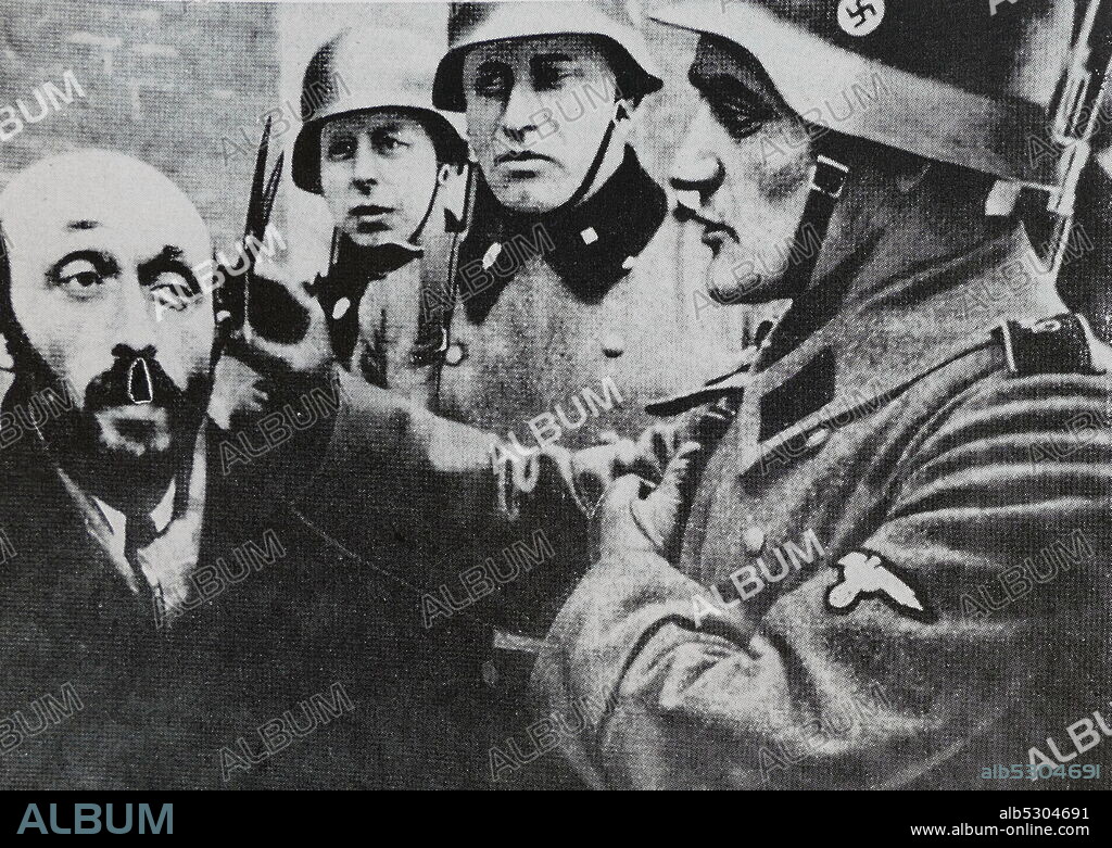 World War Two German advance into Russia. Gestapo soldiers mocked Jewish people by cutting off the traditional hairstyle with scissors.