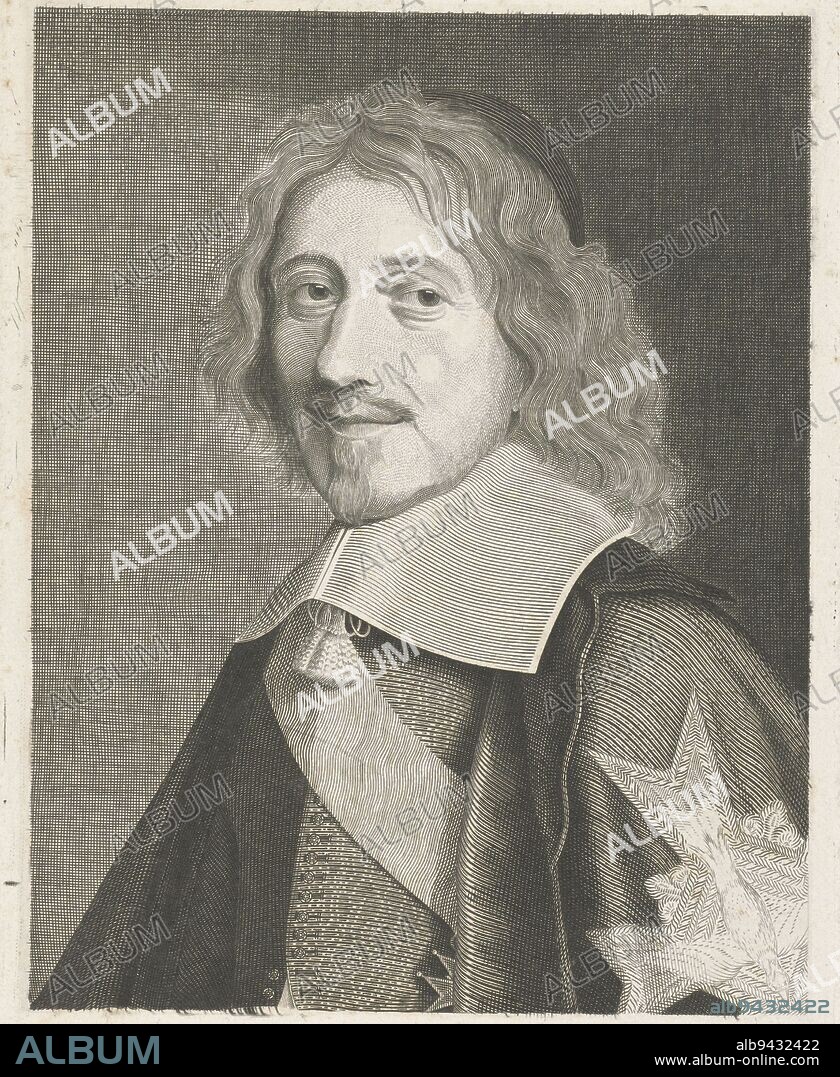Portrait of Chancellor Michel Le Tellier, Frits Ohrloff, 1859, Portrait of the French chancellor Michel Le Tellier. Embroidered on his sleeve is the cross of the Order of the Holy Spirit., print maker: Frits Ohrloff, (signed by artist), Amsterdam, 1-Oct-1859, paper, engraving, etching, h 213 mm × w 168 mm.