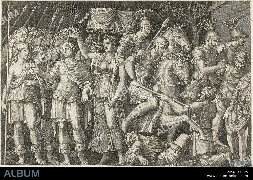 Trajan Crowned by Victory. Marcantonio Raimondi; Italian, c. 1480-1534. Date: 1520-1525. Dimensions: 293 x 441 mm. Engraving printed in black on paper. Origin: Italy.