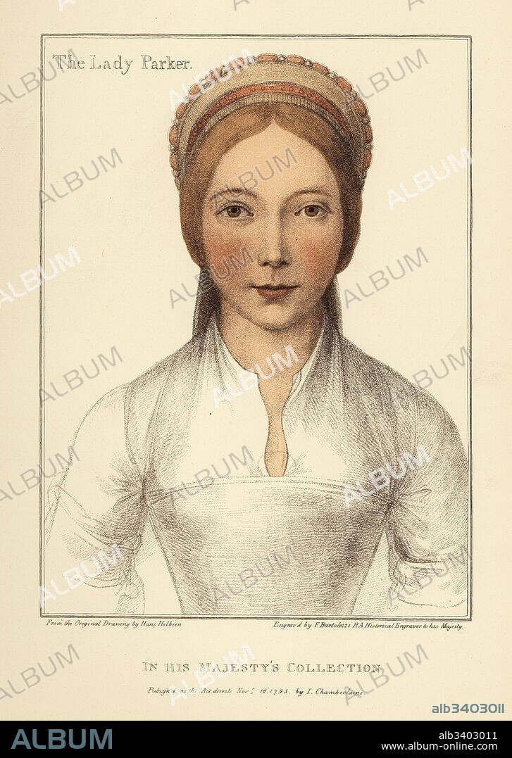 Elizabeth Calthorpe, Lady Parker, wife of Sir Henry Parker. Also identified as Lady Grace Parker and Jane Parker, sister-in-law to Anne Boleyn. Handcoloured copperplate engraving by Francis Bartolozzi after Hans Holbein from Facsimiles of Original Drawings by Hans Holbein, Hamilton, Adams, London, 1884.