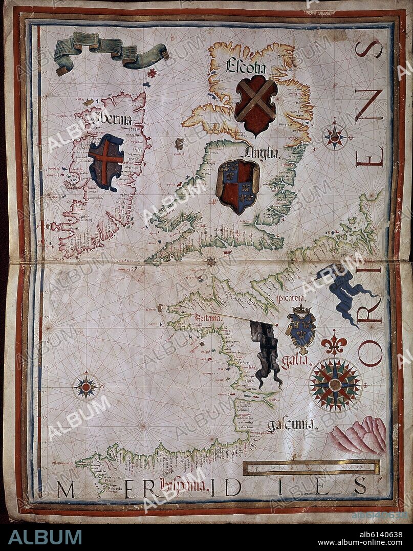 DIOGO HOMEN (1521-1576). PORTULANO-MAR:NORT,ATLANTIC-ISLAS:IRLAND,INGL-COSTAS:ESP,FRA - SIGLO XVI.