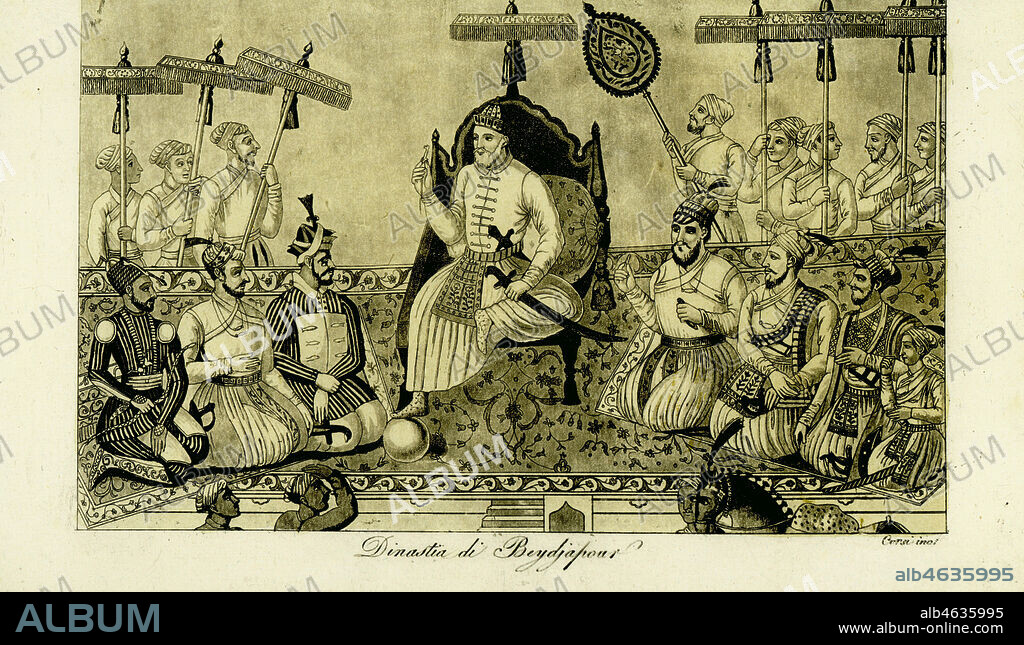 Eight rulers of the house of Bijapur including Sultan Yusuf Adil Shah (1450-1510) on the throne, Ibrahim I and Ali I at left, and Ibrahim II, Muhammad at right. The final ruler Sikandar Adil Shah who came to the throne at age 4 is seated far right (1672-1686). House of Bijapur, India. Dinastia di Beydjapour. Copied from an manuscript album leaf by Kamal and Chand Muhammad, 1680. Hand-tinted copperplate engraving by Corsi after Giulio Ferrario in his Costumes Ancient and Modern of the Peoples of the World, Il Costume Antico e Modern o Story, Florence, 1833.