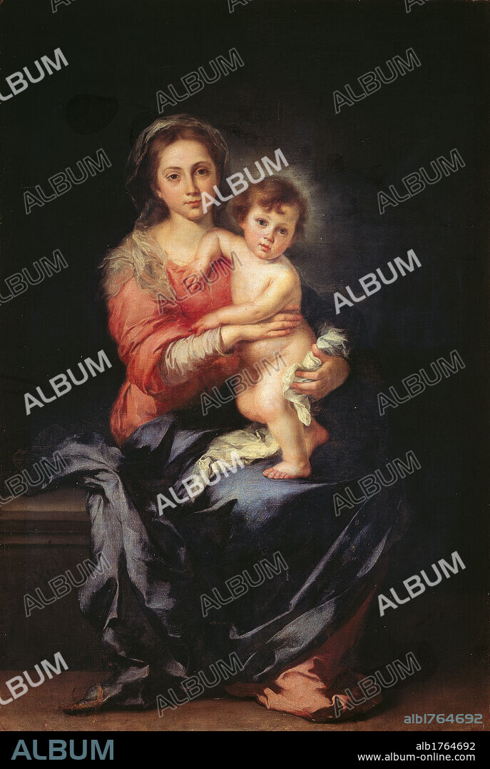 Madonna and Child, by Bartolom Esteban Murillo, 1650-1655 about, 17th Century, oil on canvas, cm 157 x 107. Italy, Tuscany, Florence, Palazzo Pitti, Palatine Gallery. All. Madonna Baby Child Jesus naked nude embrace hug dress red cloak mantle blue glow halo light. Authorization required for non editorial use.