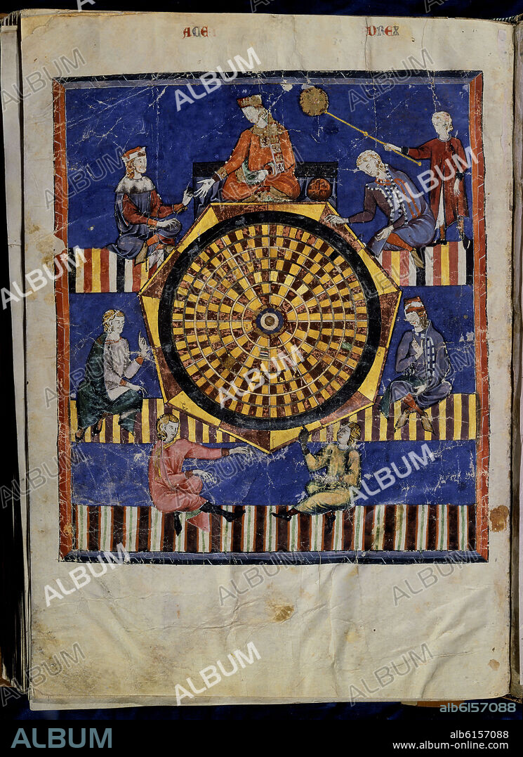 ALFONSO X DE CASTILLA EL SABIO. LIBRO DE JUEGOS O LIBRO DEL AJEDREZ DADOS Y TABLAS - 1283 - FOLIO 96V - EL REY PRESIDE EL JUEGO DE LOS ESCAQUES O AJEDREZ ASTRONOMICO.