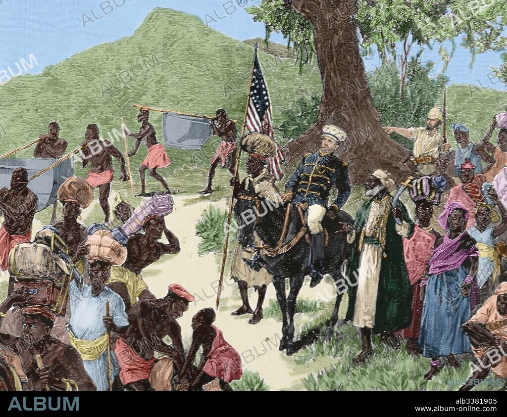 La expedición de Stanley abandonando Matadi, una población del Congo, junto a Tippo-Tip y sus mujeres (marzo de 1887). Grabado coloreado.