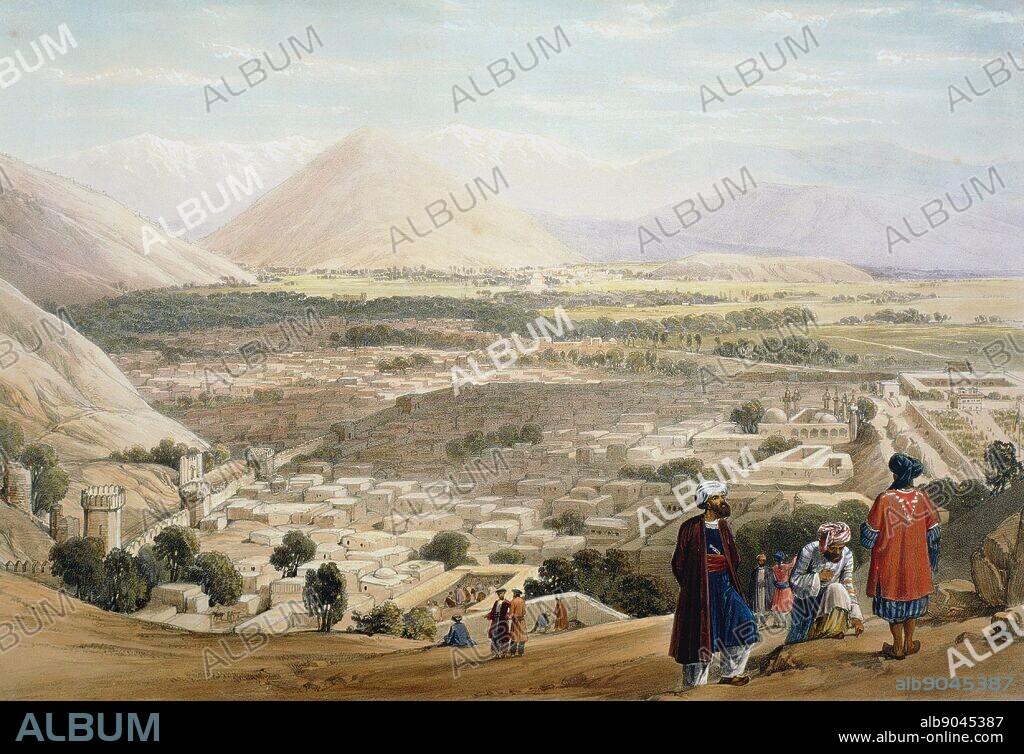 First Anglo-Afghan War 1838-1842: Cabul (Kabul) from Citadel, showing old walled city. British troops massacred here in first and second Anglo-Afghan Wars. From J Atkinson 'Sketches in Afghanistan' London 1842. Hand-coloured lithograph.
