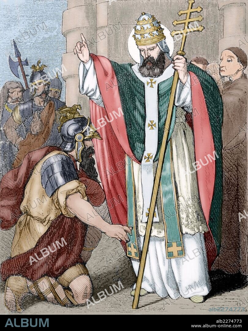 SAN LEON EL MAGNO (390-461). Papa que reinó de 440-461. Salvó a Roma de la invasión de Atila. Combatió a los maniqueos. Hizo reconocer a los obispos de Occidente la soberanía de Roma. Grabado por Cibera. "Año Cristiano", 1852. Coloreado.
