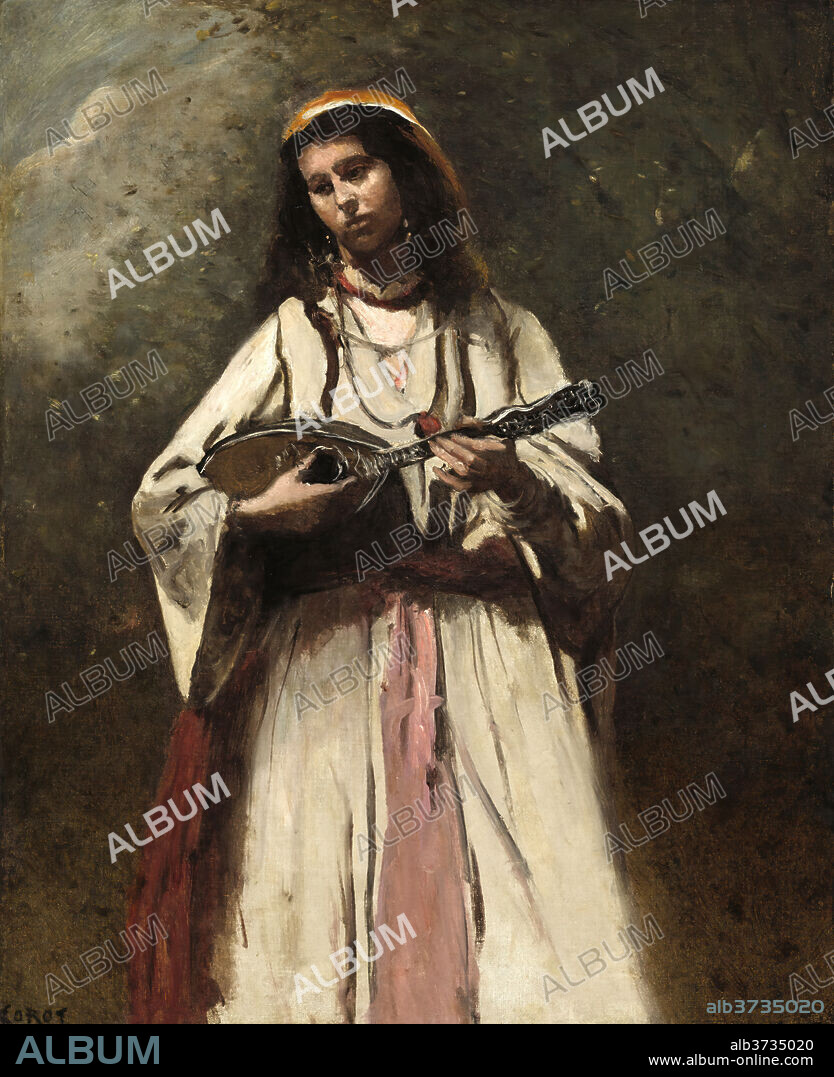 JEAN BAPTISTE CAMILLE COROT. Gypsy Girl with Mandolin. Dated: c. 1870. Dimensions: overall: 63.5 x 50.8 cm (25 x 20 in.)  framed: 87 x 75.6 x 9.5 cm (34 1/4 x 29 3/4 x 3 3/4 in.). Medium: oil on canvas.