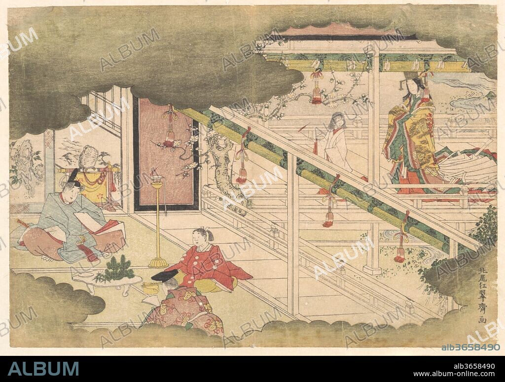 An Incident from the Tales of Ise (Ise Monogatari). Artist: Kitao Shigemasa (Japanese, 1739-1820). Culture: Japan. Dimensions: H. 8 2/4 in. (21.6 cm); W. 12 3/8 in. (31.4 cm). Date: ca. 1790.