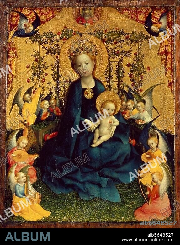 STEPHAN LOCHNER. Lochner, Stefan. 1410 - 1452. "Die Muttergottes in der Rosenlaube", Eichenholz, 50,5 × 40 cm. Köln, Wallraf-Richartz-Museum.