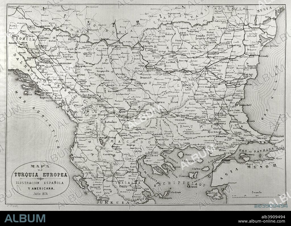 The Eastern Question. Serbian-Turkish Wars (1876-1878). Serbia declared war on the Ottoman Empire on June 30, 1876. European turkey map. Engraving. La Ilustracion Espa–ola y Americana, July, 1876.