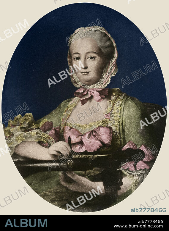 Marquess of POMPADOUR (December 29, 1721 - April 15, 1764), born Jeanne-Antoinette Poisson. Daughter of a financier in the service of the powerful Pâris and quartermaster of the Duke of Orleans, was married in 1741 to the treasurer general of the Mint Charles Guillaume Le Normant d'Étiolles, a marriage that opened the way to the best salons frequented by nobles and intellectuals and to court life; but he had only to be noticed to become the official lover of Louis XV. Her favor with the king, which lasted 20 years, gave her the opportunity to exercise an influential role in cultural orientation and in domestic and foreign politics. Portrait of an embroidery frame, lithograph from a painting by François-Hubert Drouais, France, 19th century.