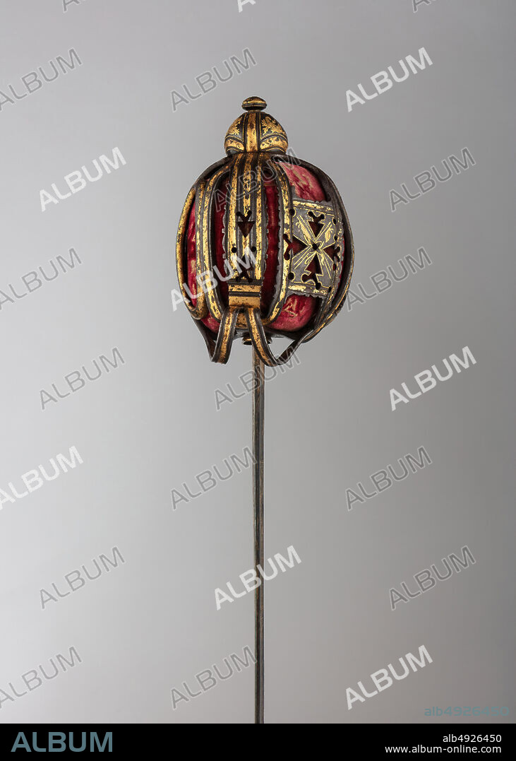 Basket-Hilted Sword, Scottish, 173050, Scottish, Steel, gold, leather, wood, velvet, L. 40 7/8 in. (103.8 cm); L. of blade 34 5/16 in. (87.2 cm); W. 6 in. (15.2 cm); Wt. 3 lb. 7 oz. (1559 g), Swords.