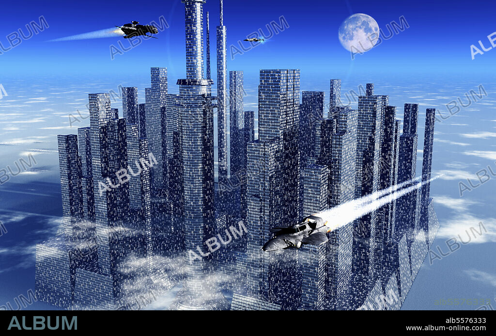 A futuristic city using anti-gravity technology to float in the sky.