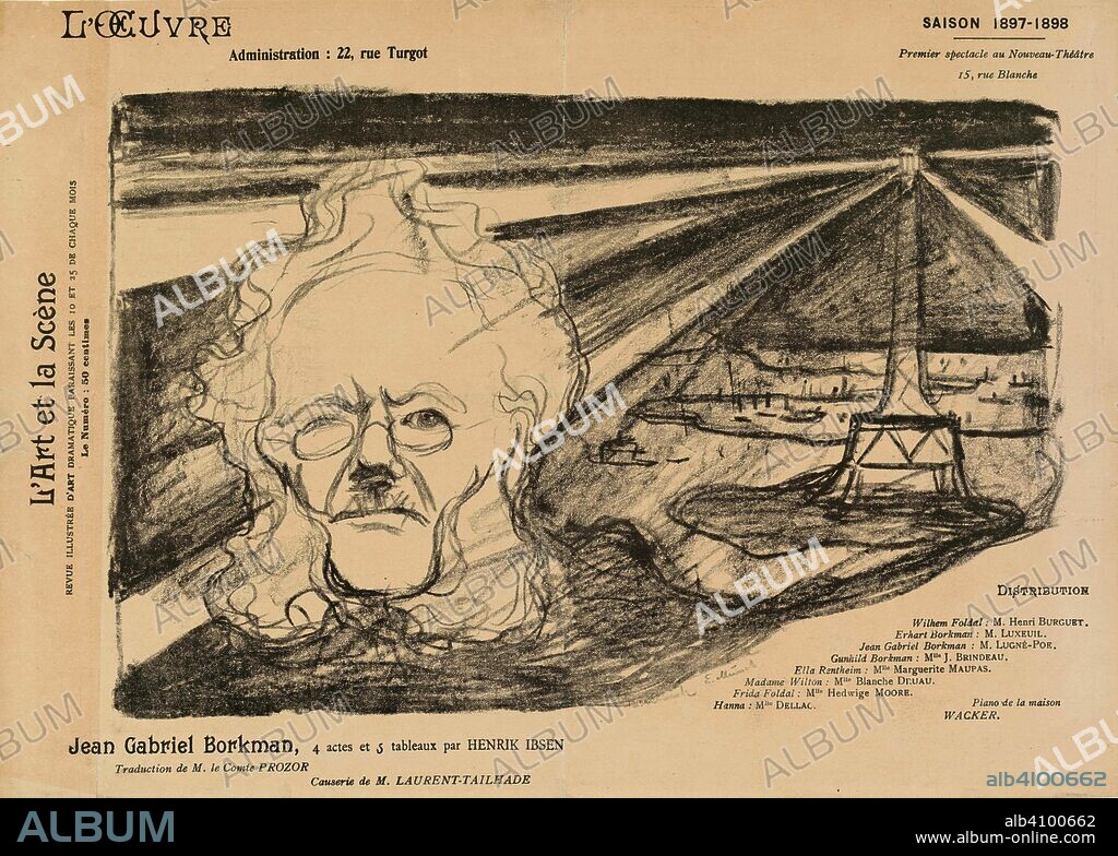 EDVARD MUNCH. Theatre programme for Jean-Gabriel Borkman by Henrik Ibsen (Théâtre de l'Oeuvre, 9 November 1897). Dimensions: 26.8 cm x 37.6 cm, 21 cm x 32 cm.