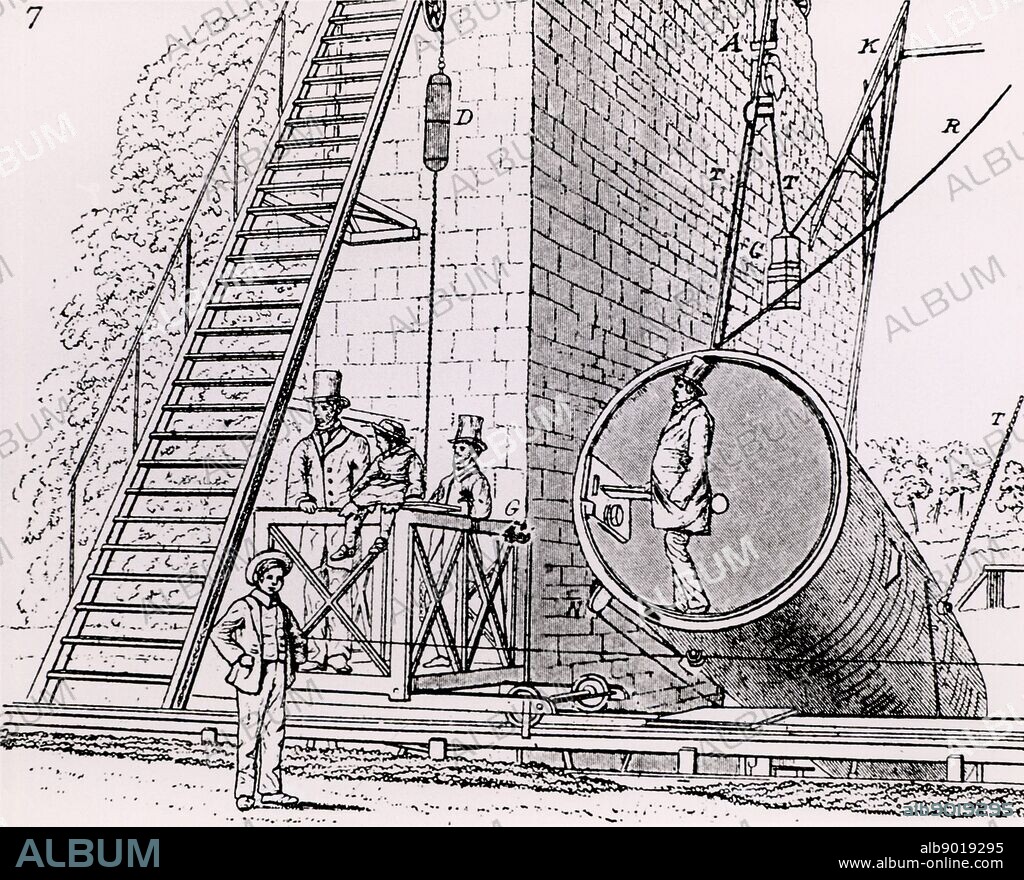 Lord Rosse's great 72-inch (1.828m) diameter reflecting telescope of 1845, called the Leviathan of Parsonstown. Mounted between two brick walls, it could move only in a north-south direction. The instrument viewed from the south, showing the position of the when a man entered the tube to fix the small speculum and to remove the cover of the large one for the night's work. The Earth's rotation provided movement in an east-west direction. From his paper 'On the Construction of Specula of Six-feet Aperture' in 'Philosophical Transactions of the Royal Society' (London, 1849). William Parsons, 3rd Earl of Rosse (1800-1867).