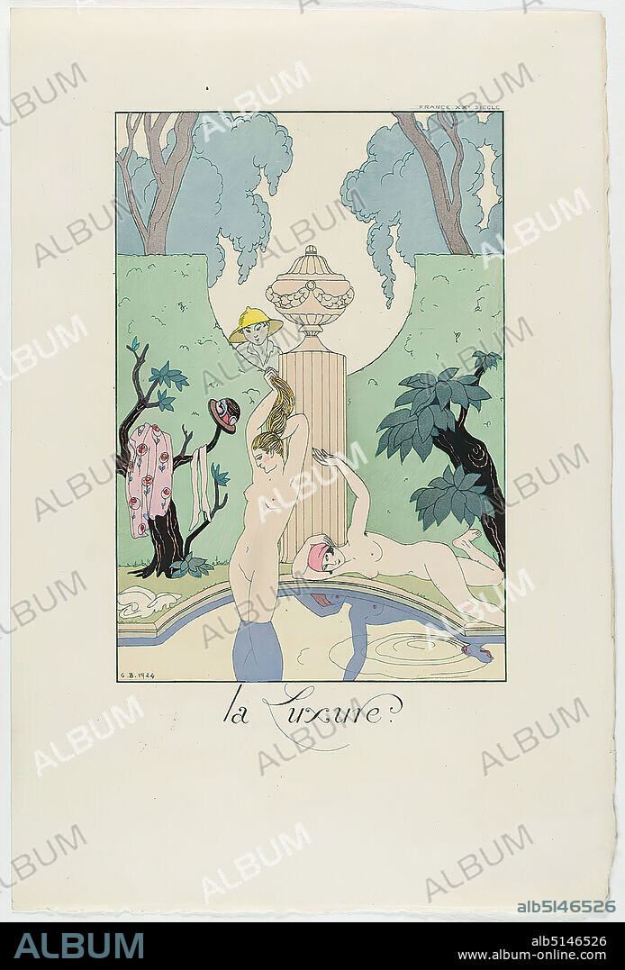 George Barbier, Meynial éditeur, Paris, La Luxure, from the fashion almanac Falbalas et Fanfreluches 1925, handmade paper, non-opaque watercolor, etching, stencil printing (pochoir), pochoir and etching, sheet size: height: 25 cm; width: 16.7 cm, monogrammed, inscribed and dated: in the printing forme: G. B. 1924, La Luxure, inscribed: in the printing form: FRANCE XXe SIECLE, graphics, female nude, dressing, undressing, taking a bath in the open air, man, lust, luxuria (Ripa), garden vase, luxuria, hat, garden, standing female nude, lying female nude, virtues and vices, vices and the seven deadly sins, the seven deadly sins (personification), Art Déco.