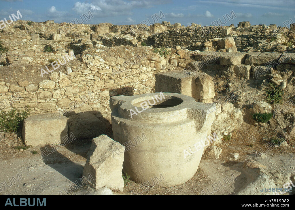 Ruins of a palace in Ugarit (modern Ras Shamra), Syria. Ugarit was an ancient coastal city that thrived from 1450 BC until 1200 BC. Excavations were begun in 1929.