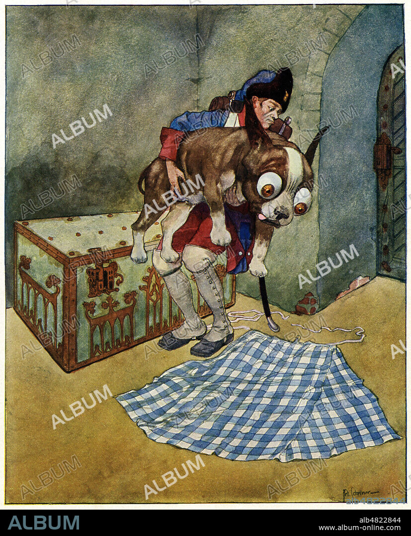 "Le BRIQUET" le soldat souleve le chien . Illustration Artus Schneider. Contes d'Andersen, livre tcheque imprime a Prague, 1927. Credit Collection Privee KHARBINE TAPABOR.
