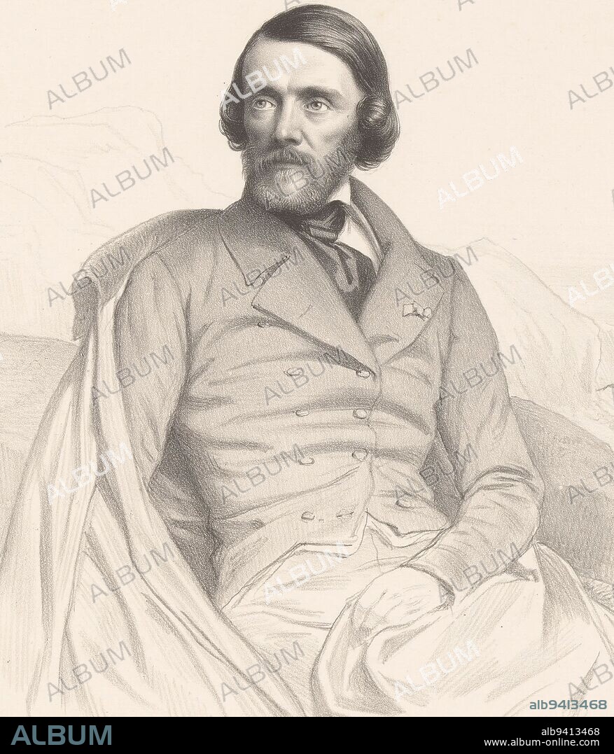 Portrait of the writer and journalist Joseph Méry, Marie Alexandre Alophe, 1841 - 1850, print maker: Marie Alexandre Alophe, (mentioned on object), printer: François Louis Cattier, (mentioned on object), publisher: Vibert & Cie. Goupil, (mentioned on object), print maker: Paris, printer: Paris, publisher: Paris, publisher: London, 1841 - 1850, paper, h 347 mm - w 221 mm.