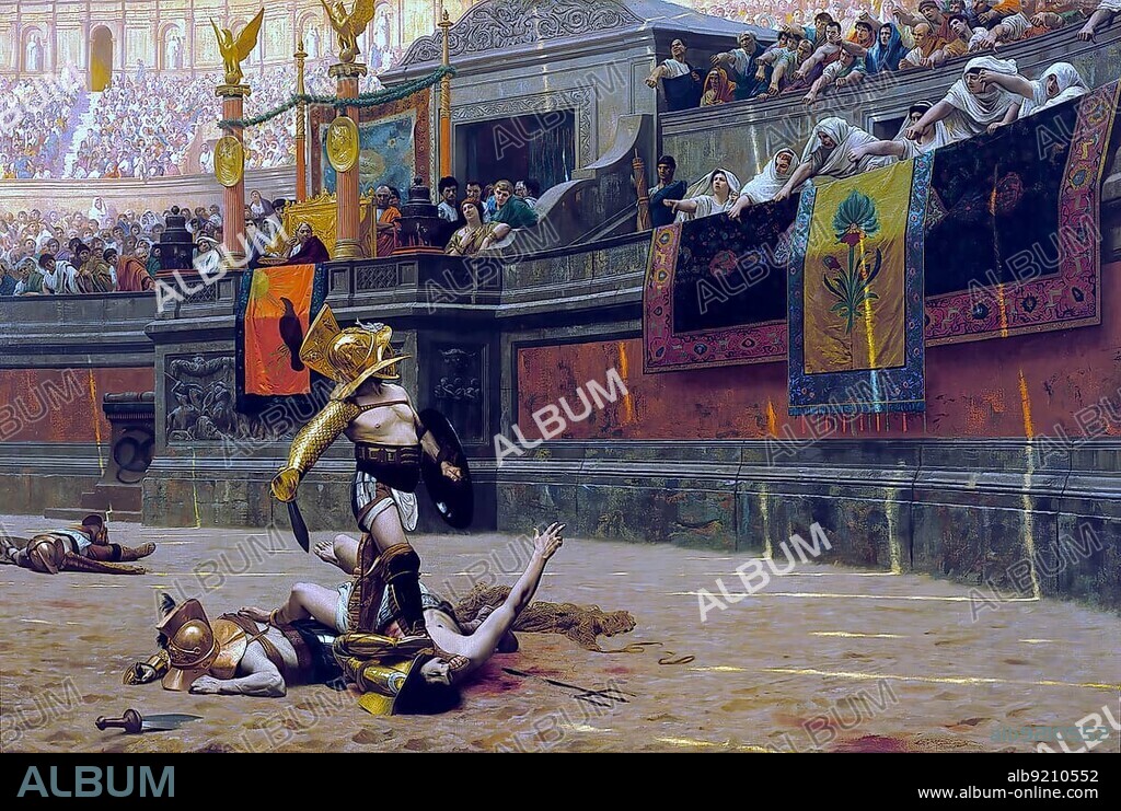 Pollice Verso, Fight of the Gladiators in Ancient Rome, painting by Jean Leon Gerome, Historical, digitally restored reproduction of a 19th century original