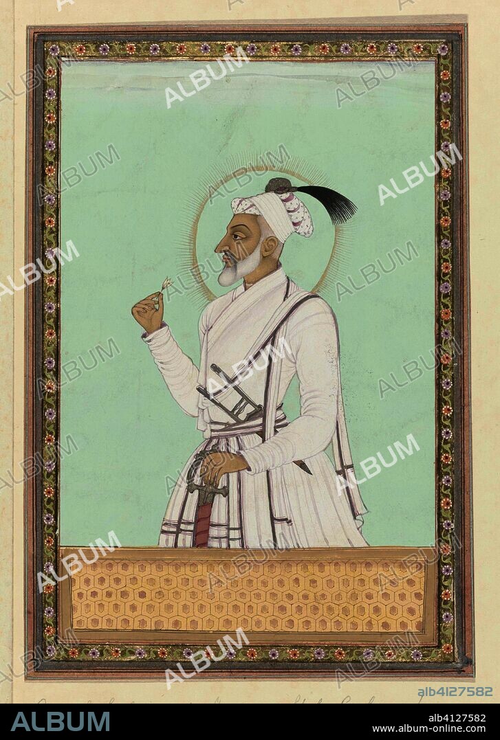 Portrait of Aurangzeb, youngest son of Shah Jahan, who reigned over the province of Deccan in the time of his father, and reigns after the death of his father throughout Delhi after he has killed all three of his brothers. Draughtsman: anonymous. Dating: c. 1686. Place: Golkonda. Measurements: h 203 mm × w 140 mm.