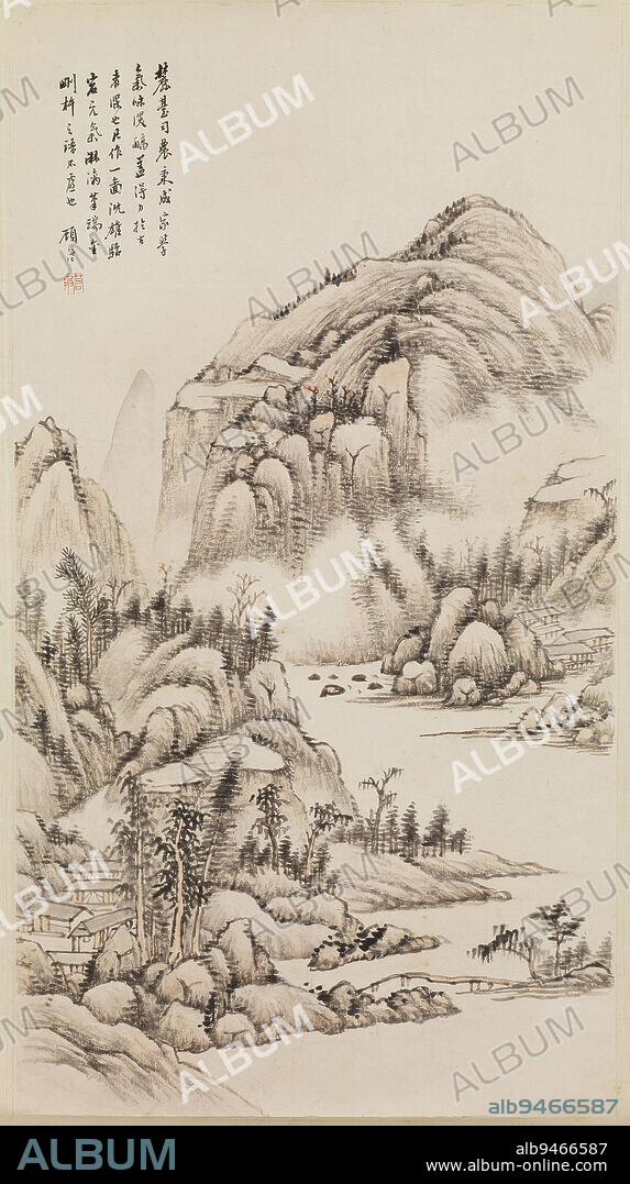 Landscape in the Manner of Wang Yuanqi, c. 1875, Gu Yun, Chinese, 1835 - 1896, 33 3/4 x 18 5/8 in. (85.73 x 47.31 cm) (image)82 3/4 x 23 3/16 in. (210.19 x 58.9 cm) (overall, without roller), Light colors and ink on paper, China, 19th century, A respected literatus living in Suzhou during late Qing, Gu Yun was sent as an envoy to Japan in 1887. His painting generally followed in the manner of the Qing Orthodox School of ink landscape painting defined by the so-called four Wangs: Wang Shimin (1592-1680), Wang Jian (1598-1677), Wang Yuanqi (1642-1715), and Wang Hui (1632-1717). This new orthodoxy was based loosely on the painting styles of twelfth through fourteenth century masters as formulated in the theories of the great literatus, Dong Qichang (1555-1636). Dong's codification was perceived as the orthodox, politically safe lineage for literati painting during most of the Qing dynasty. This late nineteenth century work by Gu Yun in its light washes, clear composition, and horizontal strokes still reflects the basic values of the Orthodox tradition.