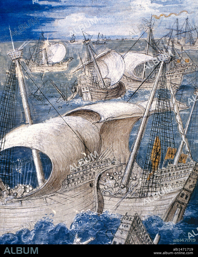 GODEFROY LE BATAVE. History of Gaul. Naval battle between the fleets of Caesar and the Gala. Miniature.16th century. Chateau de Chantilly. France.