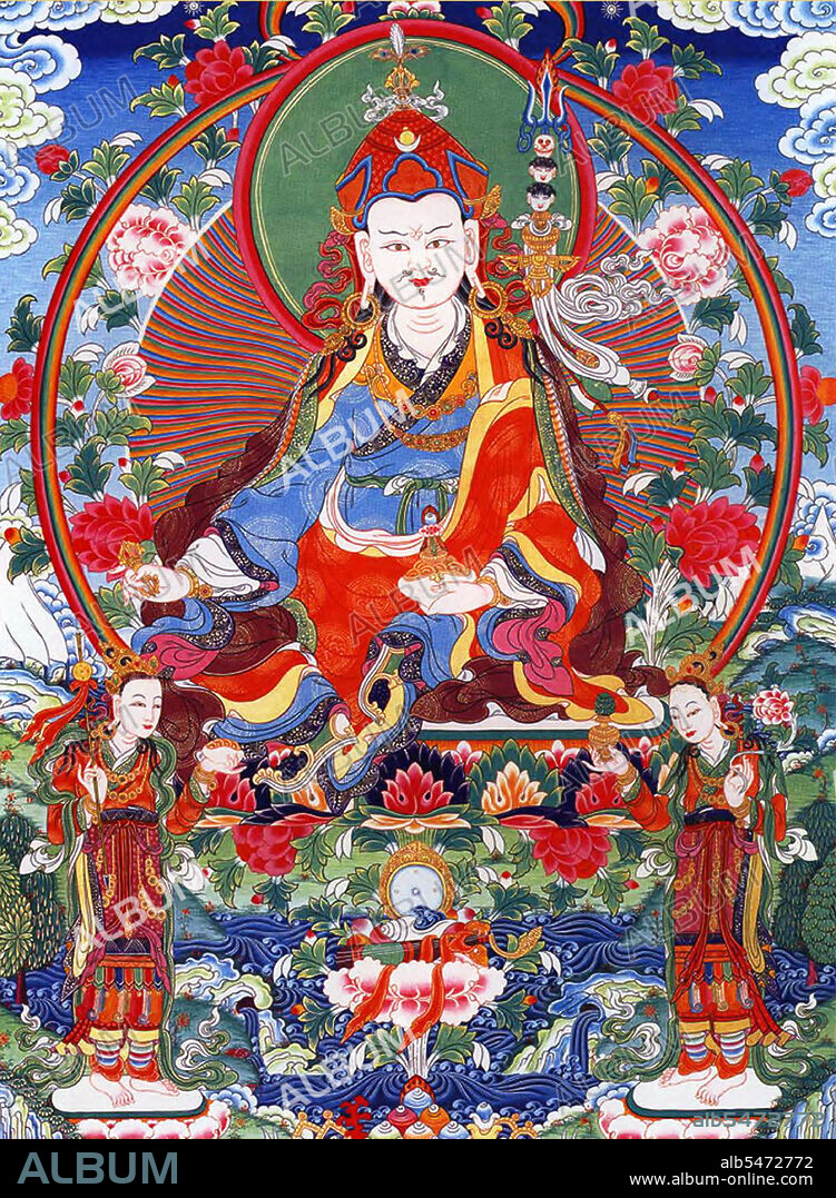 Padmasambhava, (Sanskrit Padmakara; Tibetan Pemajungne; Chinese Lianhuashang) or 'Lotus Born', was a guru from Oddiyana (modern Swat) who is said to have transmitted Vajrayana Buddhism to Bhutan and Tibet and neighbouring countries in the 8th century. In those lands he is better known as Guru Rinpoche ('Precious Guru') or Lopon Rinpoche, or, simply, Padum in Tibet, where followers of the Nyingma school regard him as the second Buddha. His Pureland Paradise is Zangdok Palri (the Copper-coloured Mountain). He is further considered an emanation of Buddha Amitabha and traditionally even venerated as a second Buddha. He was born into a Brahmin family of Northwest India.