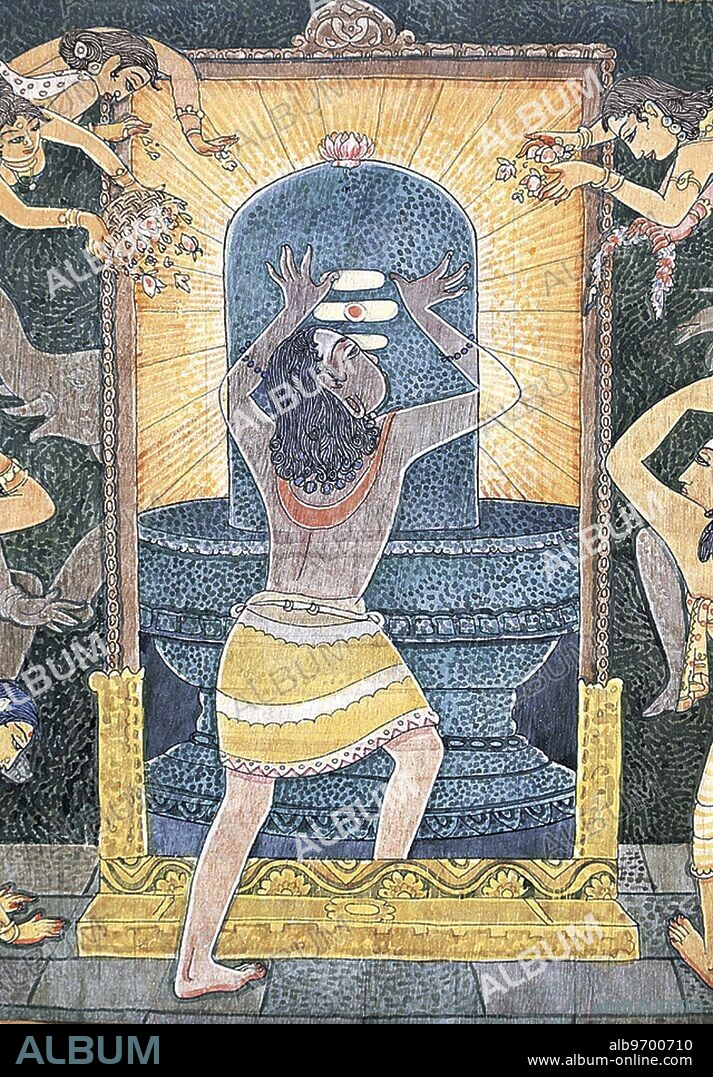 India: soul - inner worlds - devas - prayers - flowers - Sivalinga - Dancing with Siva - Artist S. Rajam - Hindu belief - Hindu - Hinduism - art - Himalayan Academy art - merging - monism - linga - Shiva - temple - Manickavasagar - saint - yogi - lotus - shining - light - blessing - Siva - Supreme God - India - Indian art - Hindu art - religion - Hindu religion.