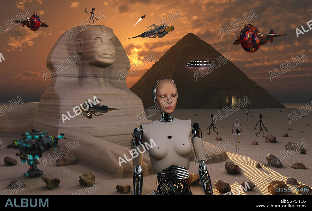 Artist's concept of the pyramids and sphinx being built by an advanced alien race who used robots and other machines to aid in their construction.