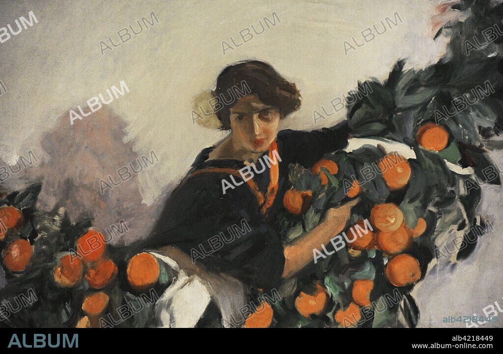 Joaquín Sorolla y Bastida (1863-1923). Pintor español. Guirnalda de frutos valencianos, laurel y flores que recogen entre su mujer y sus hijas. Fresco. Detalle de su hija María. Comedor. Museo Sorolla. Madrid. España.