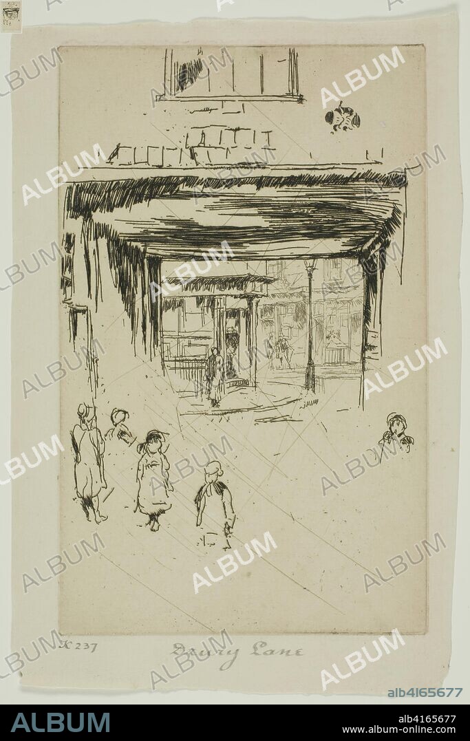 JAMES ABBOTT MCNEILL WHISTLER. Drury Lane. James McNeill Whistler; American, 1834-1903. Date: 1880-1881. Dimensions: 162 x 101 mm (plate); 186 x 123 mm (sheet). Etching with foul biting, with drypoint cancellation, in brown ink on ivory laid paper. Origin: United States.