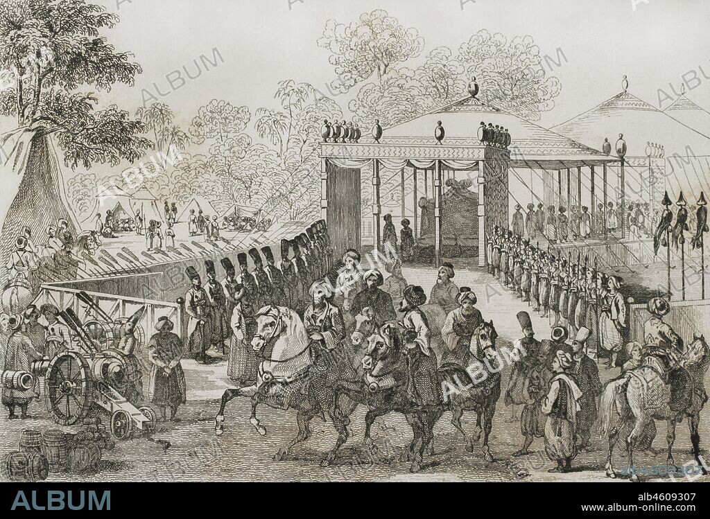 Ottoman Empire. Turkey. Camp of the Daud Pasha. Engraving by Lemaitre. Lalaisse and Branche. Historia de Turquia by Joseph Marie Jouannin (1783-1844) and Jules Van Gaver, 1840.