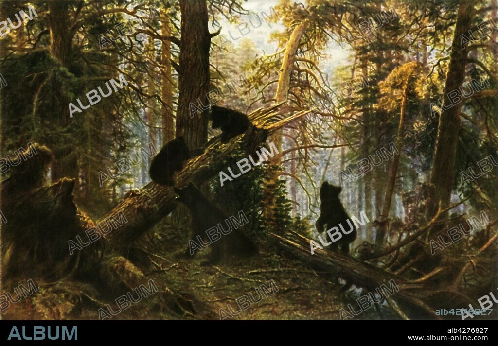IVAN SHISHKIN. 'Morning in the Pine-Wood', 1889, (1965). Bear cubs playing on fallen trees in a forest. Painting in the State Tretyakov Gallery, Moscow. From "Russian Painting of the 18th and 19th Centuries" by Vladimir Fiala. [Artia, Czechoslovakia, 1965].