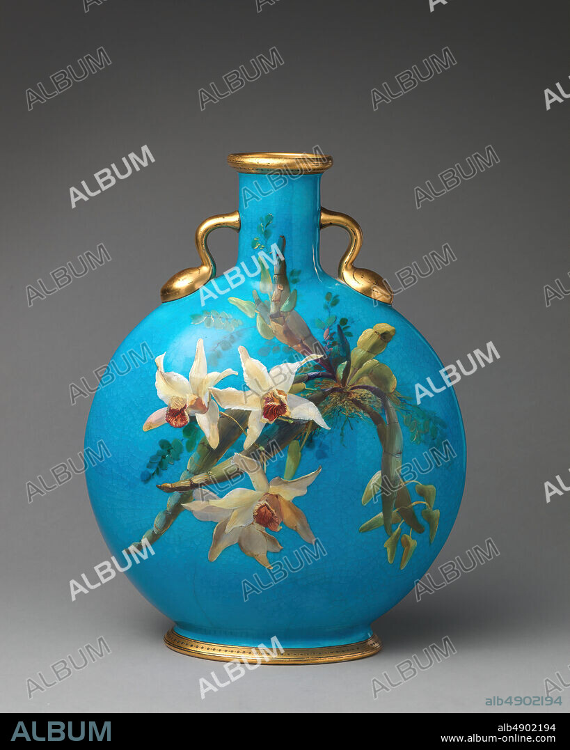 Minton(s), Moon flask with orchids, British, Stoke-on-Trent, Staffordshire, Minton(s) (British, Stoke-on-Trent, 1793present), ca. 1872, British, Stoke-on-Trent, Staffordshire, Bone china, confirmed: 12 3/8 × 9 1/2 × 5 1/16 in. (31.4 × 24.1 × 12.9 cm), Ceramics-Porcelain.