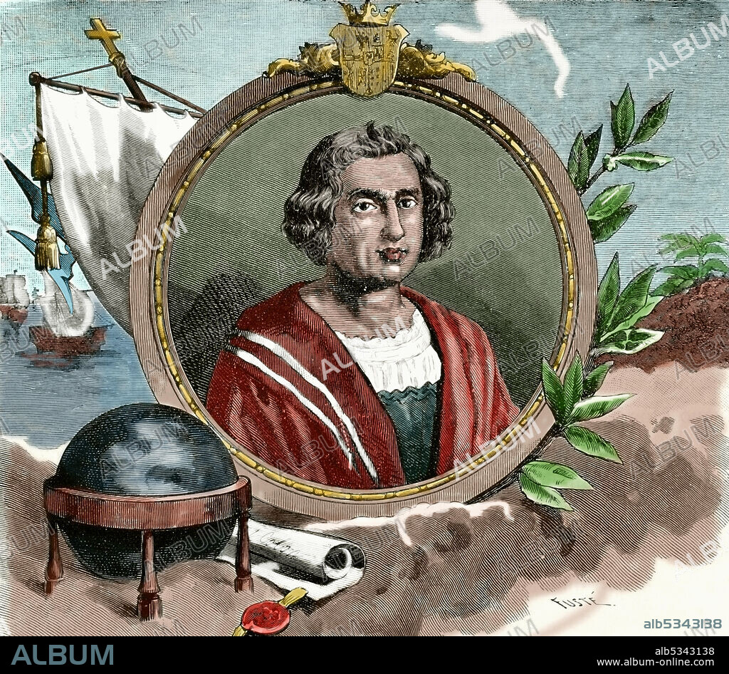 Christopher Columbus (1451-1506). Italian explorer, master navigator and admiral. Discoverer of America in 1492. Portrait. Engraving. Later colouration. La Civilizacion (The Civilization), volume III, 1882.