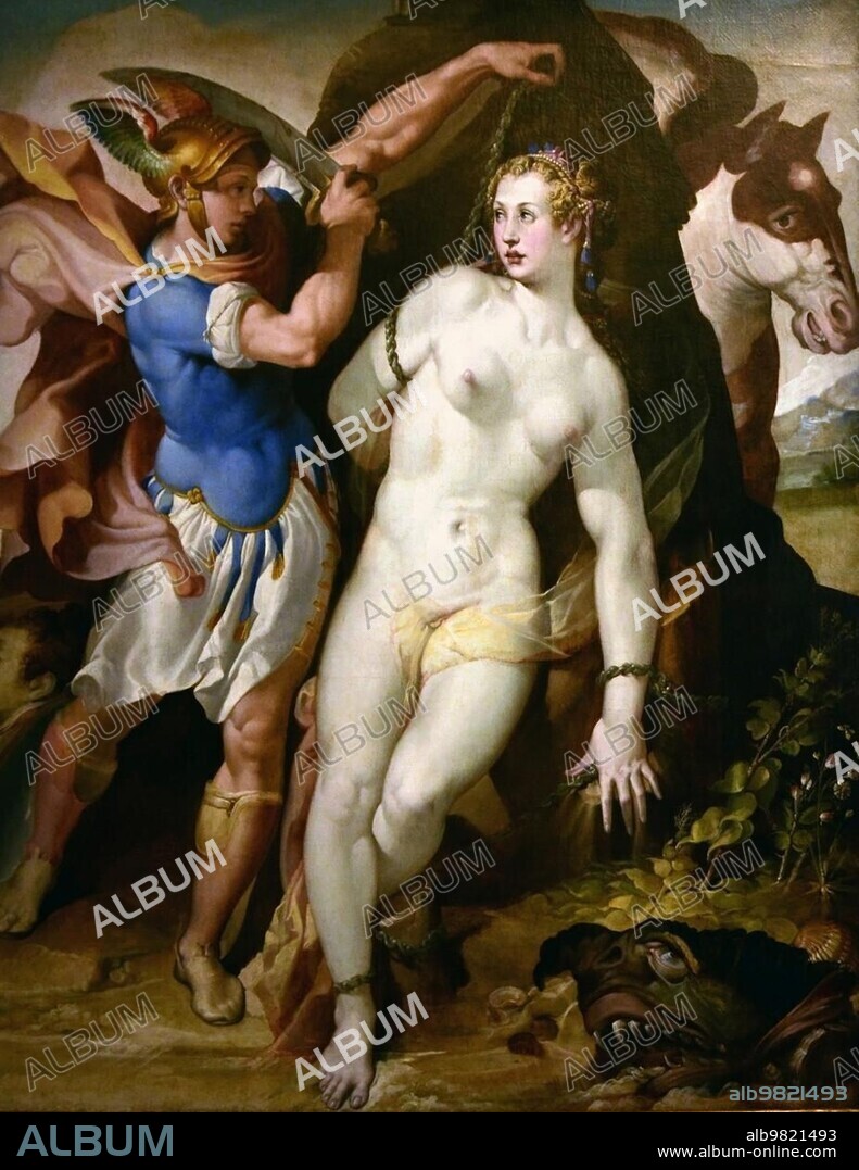 Andromeda, in Greek mythology the wife of Perseus and the daughter of the Ethiopian king Cepheus. To atone for her mother's hubris, Andromeda is to be offered as a human sacrifice to a sea monster of Poseidon and is chained to a rock, and freed by Perseus, Painting by Passerotti, Historical, digitally restored reproduction from a 19th century original