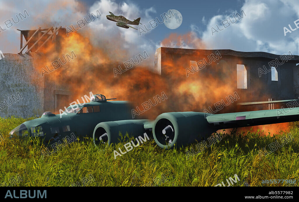An American B-17 Flying Fortress shot down by a German Messerschmitt 262 jetfighter plane over Nazi occupied Europe during World War II.