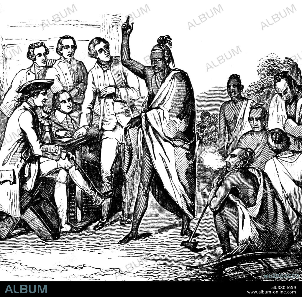 The Covenant Chain was a series of alliances and treaties developed during the 17th century, primarily between the Iroquois Confederacy and the British colonies of North America. The English and Iroquois councils addressed issues of colonial settlement, and tried to suppress violence between the colonists and Indian tribes, as well as among the tribes, from New England to the Colony of Virginia. The term "Covenant Chain" was derived from the metaphor of a silver chain holding the English sailing ship to the Haudenosaunee (Iroquois) Tree of Peace in the Onondaga Nation. A three link silver chain, representing "Peace, Friendship and Respect" was made to symbolize their first agreement between the Iroquois and the Crown. They negotiated the signing of several treaties that expanded the number of tribes and colonies involved: A 1676 treaty between the Mohawk nation and the colonies of Massachusetts Bay and Connecticut which ended King Philip's War in New England. A 1677 treaty between the Five Nations of the Iroquois and the Delaware (Lenape), on one side, and the colonies of Virginia and Maryland, allied with the Susquehannock on the other, to obtain peace. Image taken from page 288 of "An Illustrated History of the New World: containing a general history of all the various nations, states, and republics of the Western Continent" by John Ledyard Denison, 1873.
