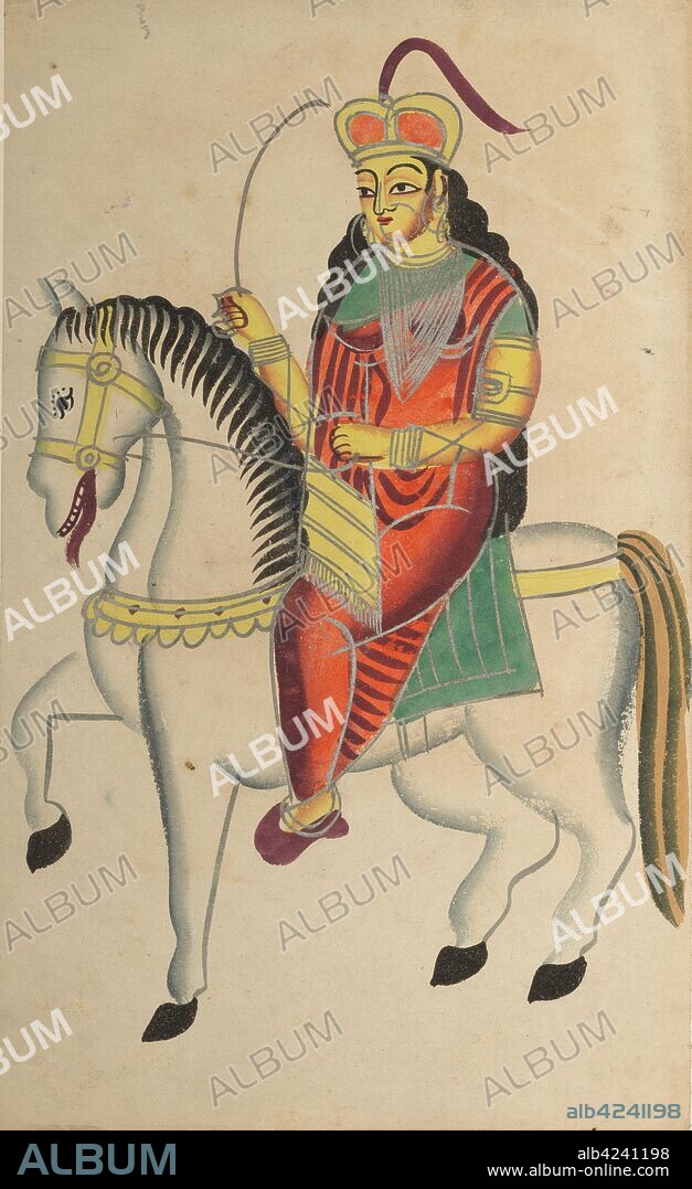 The Mutiny of the Heroine Rani Lakshmi Bai of Jhansi, 1800s. India, Calcutta, Kalighat painting, 19th century. Black ink, watercolor, and tin paint, with graphite underdrawing on paper; secondary support: 48.5 x 29.6 cm (19 1/8 x 11 5/8 in.); painting only: 45.5 x 28 cm (17 15/16 x 11 in.).
