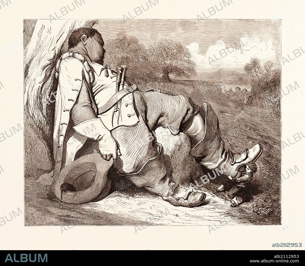 Hop o'My Thumb stealing the Seven-League boots from the Orge, BY GUSTAVE DORE, 1832 - 1883, French. Engraving for the fairy tales in Fairy Realm, by Tom Hood the Younger. 1870, Art, Artist, romanticism, colour, color engraving.