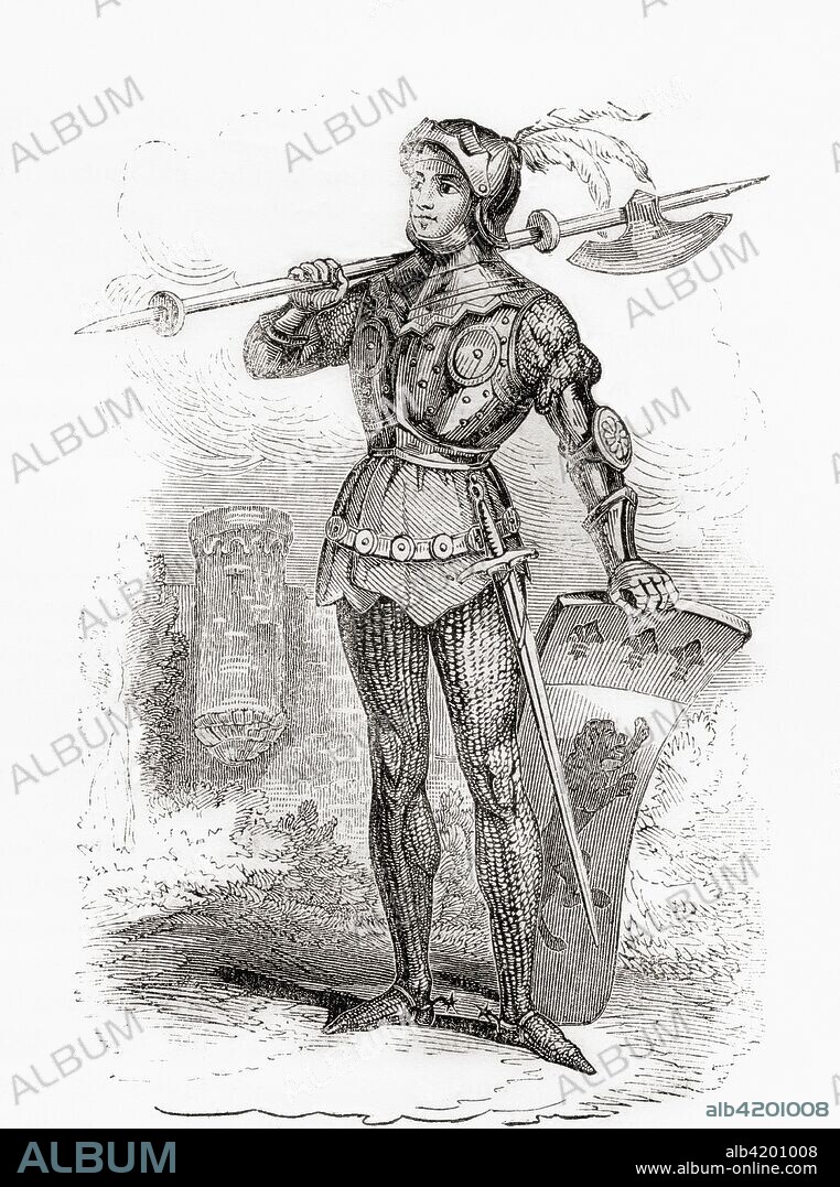 Bertrand du Guesclin in full armour.  Bertrand du Guesclin,c. 1320 -1380, aka The Eagle of Brittany or The Black Dog of Broceliande.  Breton knight, French military commander during the Hundred Years' War and Constable of France.  From Old England: A Pictorial Museum, published 1847.