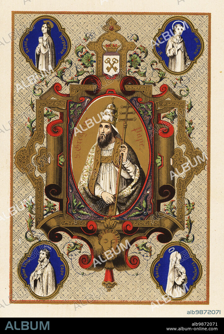 Portrait of Saint Gregory, Pope Gregory I, with triregnum or triple crown, and Papal ferula, within a decorative border. Vignettes of martyr Saint Perpetua, Saint John of God, mystic Saint Frances of Rome, and Saint Lucius, Pope Lucius I. Chromolithograph from Legende Celeste, nouvelle histoire de la Vie des Saints, Celestial Legend, Lives of the Saints, Paul Mellier, Paris, 1845. Chromolithograph by Jules Desportes, professor of lithography at the Institut Royal des Sourds-Muets.