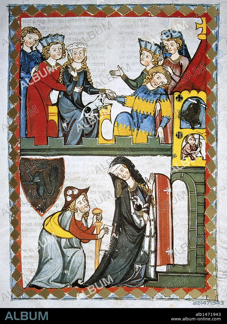 SOCIEDAD MEDIEVAL. SIGLO XII "JOHANNES HADLAUB, POETA SUIZO DEL 1300. ABAJO: EL POETA DISFRAZADO DE PEREGRINO TRAS UNA DAMA QUE ENTRA EN LA IGLESIA. ARRIBA: LA DAMA CONSUELA AL POETA QUE SE ENCUENTRA INDISPUESTO". Miniatura del CODICE MANESSE (h.1300), realizado por Rudiger Manesse y su hijo Johannes. Fol.371r. Biblioteca Universitaria. Heidelberg. Alemania.