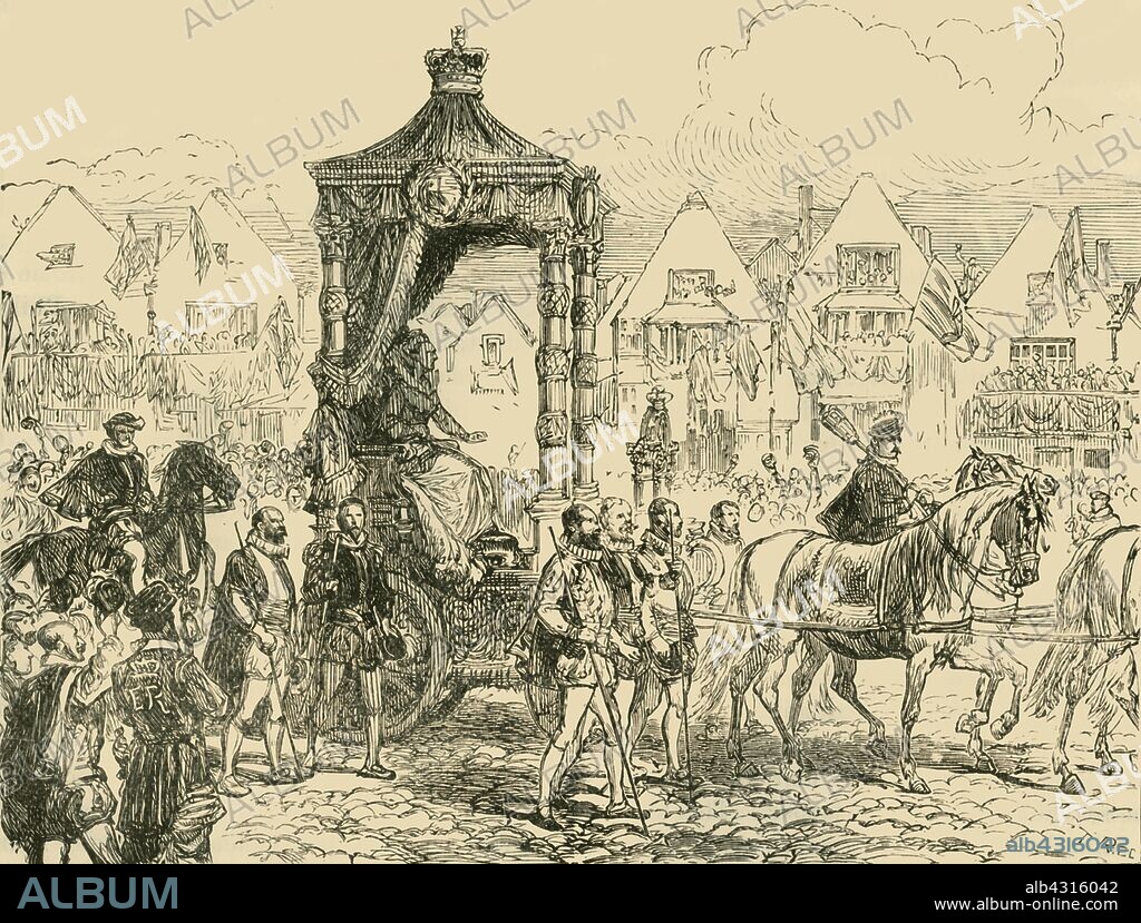'Defeat of the Armada: Queen Elizabeth on Her Way to the Thanksgiving Service at St. Paul's', (1558), 1890. 20 August 1588 Thanksgiving Service for England's Victory over the Spanish Armada which aimed to overthrow Queen Elizabeth I and Protestantism in England, English guns damaged the Armada and a Spanish ship was captured by Sir Francis Drake. From "Cassell's Illustrated Universal History, Vol. IV - Modern History", by Edmund Ollier. [Cassell and Company, Limited, London, Paris and Melbourne, 1890].