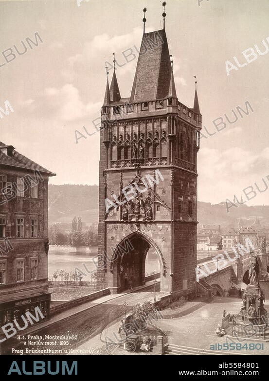 Prague - Praha (Czechoslovakia, now Czech Republic). Old Town Bridge Tower. (built 1380-1420 by Peter Parler). - View of the Old Town river bank - Photograph, 1893.